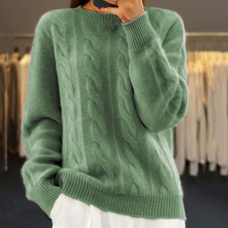 Cable Knit Long Sleeve Crew Neck Sweater for Women - Green