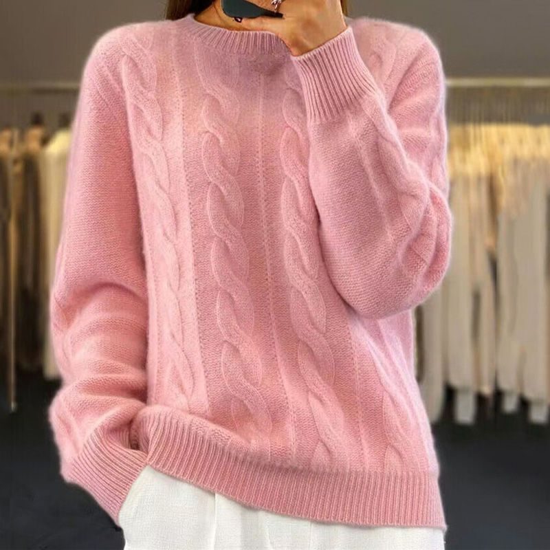 Cable Knit Long Sleeve Crew Neck Sweater for Women - Rose