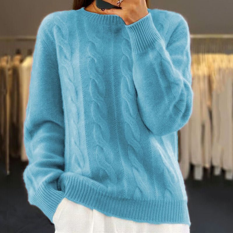 Cable Knit Long Sleeve Crew Neck Sweater for Women - Blue