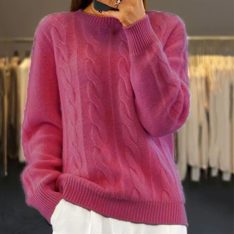 Cable Knit Long Sleeve Crew Neck Sweater for Women - Dark Pink