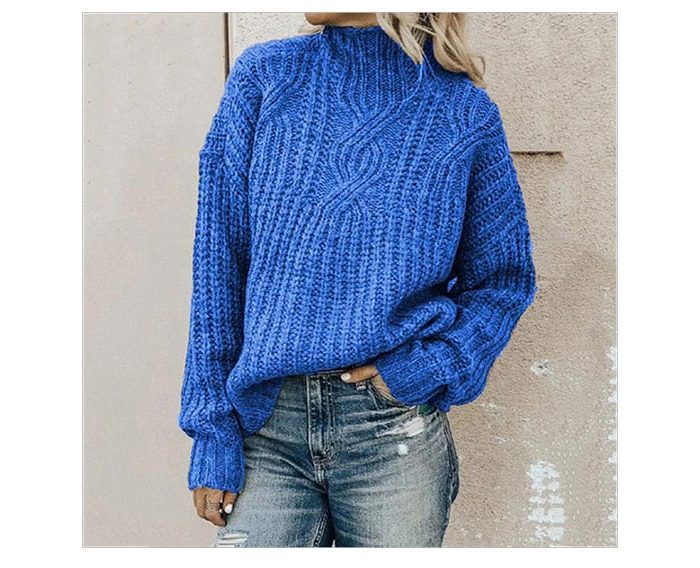 Cable Knit Roll Neck Jumper for Women - Blue