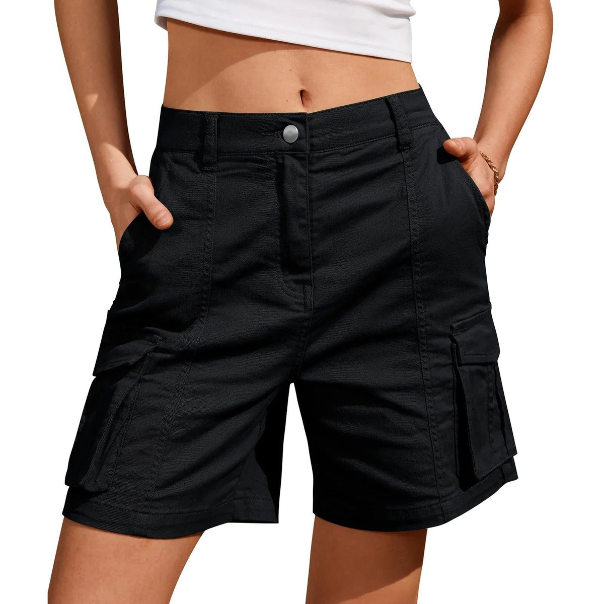 Cargo Shorts with Elastic Waist and Pockets for Women