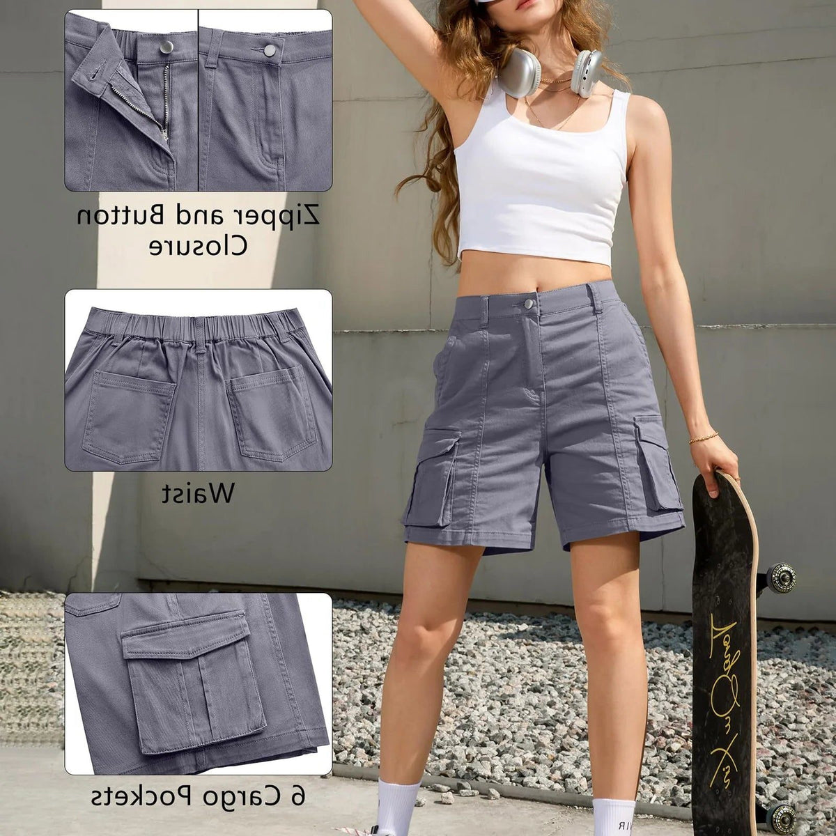 Cargo Shorts with Elastic Waist and Pockets for Women