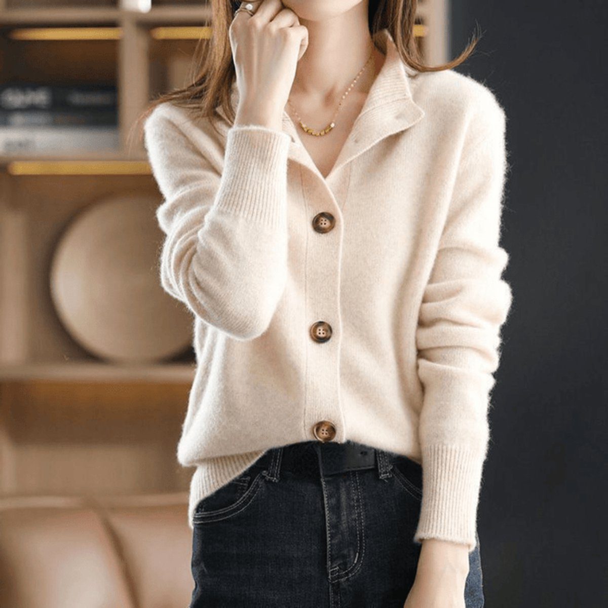 Cashmere Knit Cardigan with Button-Down Crew Neck for Women - Beige