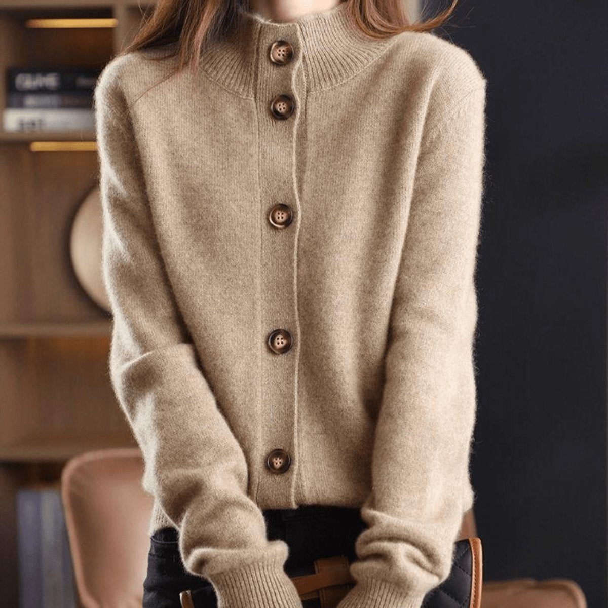 Cashmere Knit Cardigan with Button-Down Crew Neck for Women