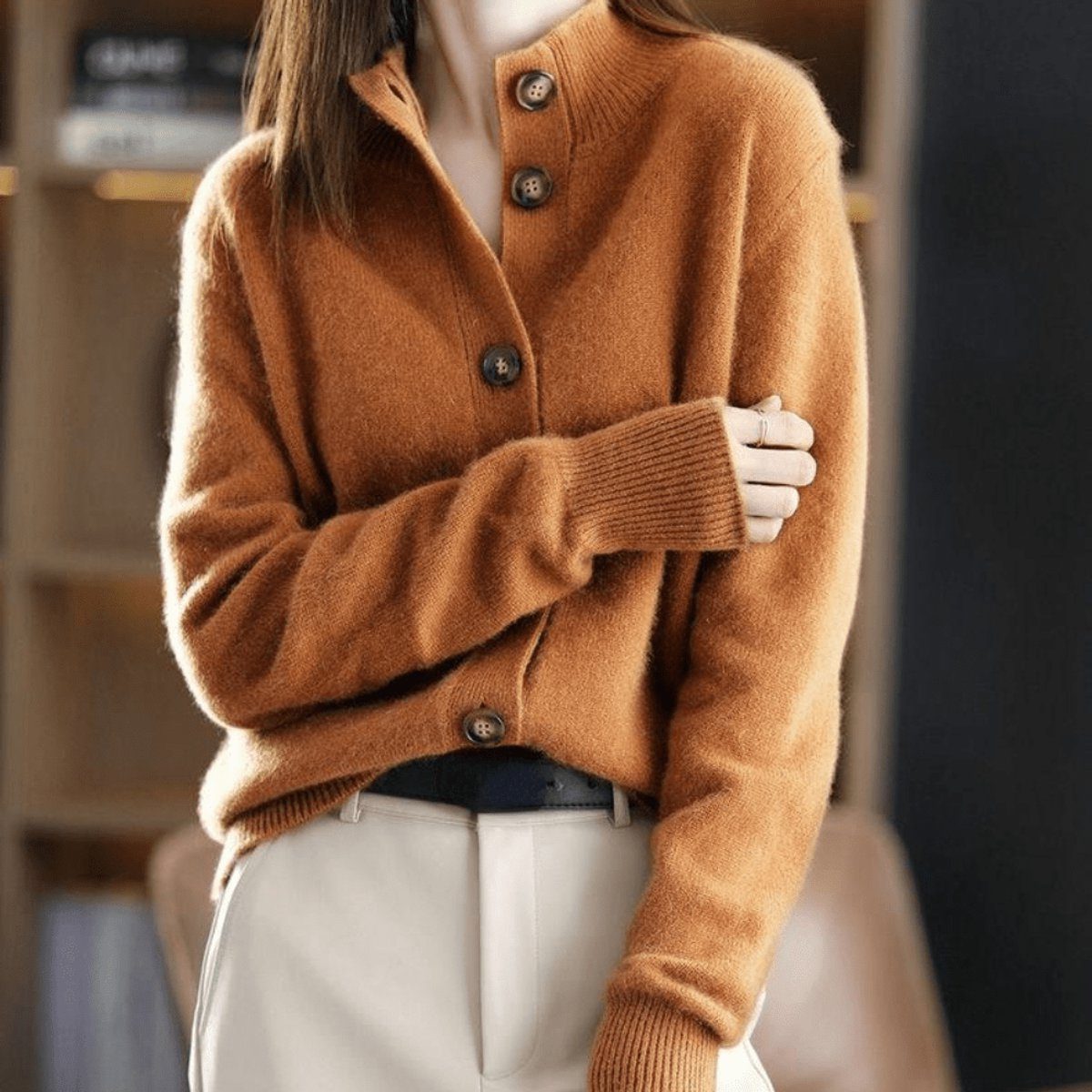 Cashmere Knit Cardigan with Button-Down Crew Neck for Women - Orange