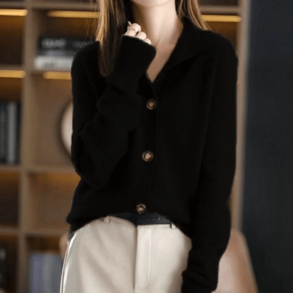 Cashmere Knit Cardigan with Button-Down Crew Neck for Women - Black