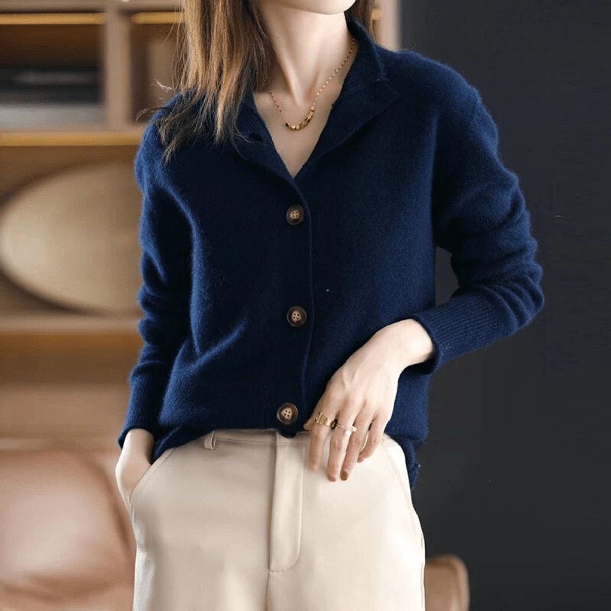 Cashmere Knit Cardigan with Button-Down Crew Neck for Women - Navy