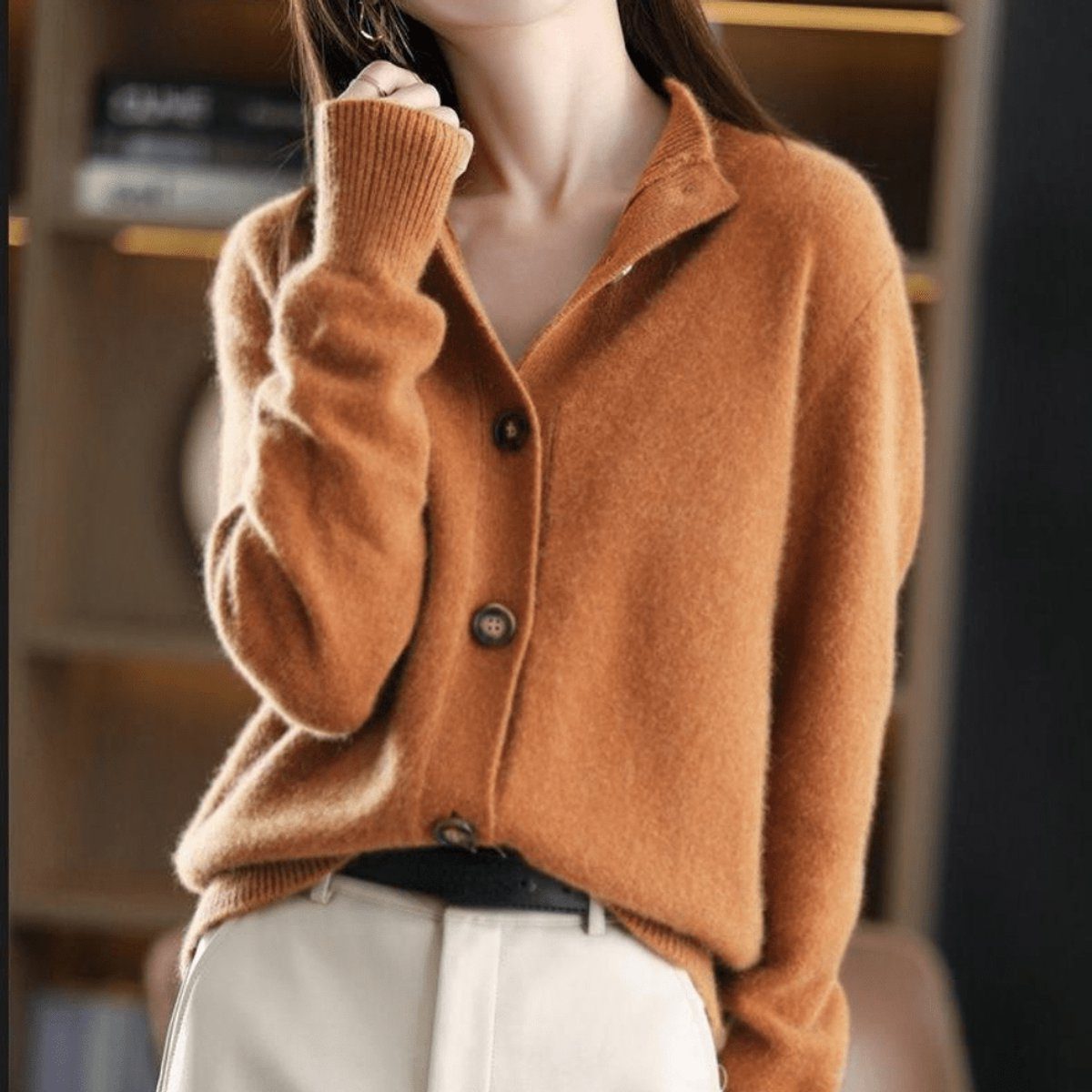 Cashmere Knit Cardigan with Button-Down Crew Neck for Women - View 2