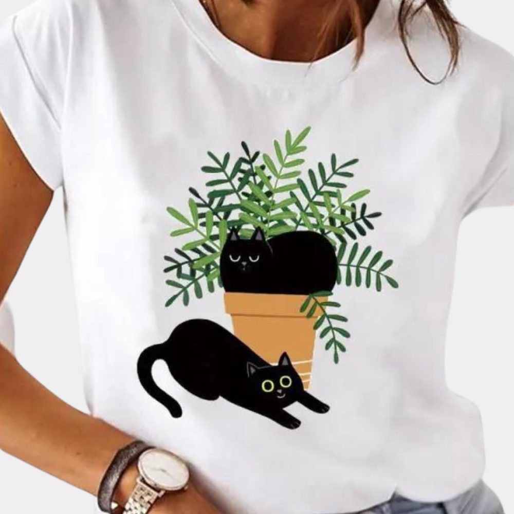 Cat Graphic T-Shirt with Crew Neck for Women