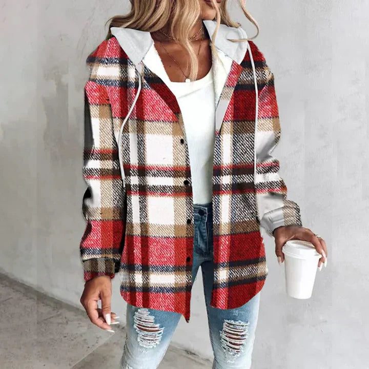 Checked Wool Blend Overshirt Jacket for Women - Red