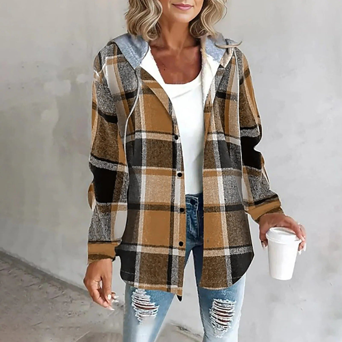 Checked Wool Blend Overshirt Jacket for Women - View 4