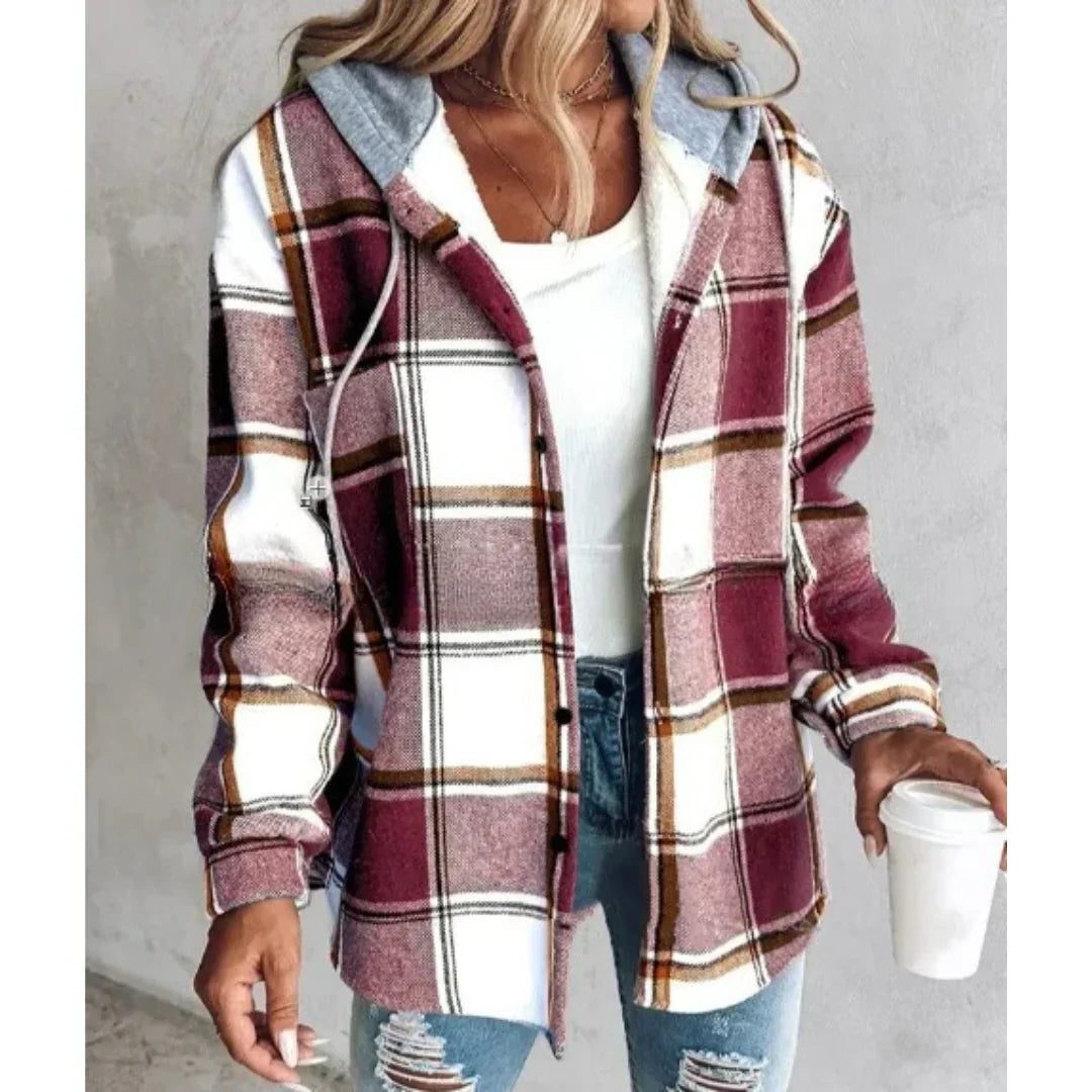 Checked Wool Blend Overshirt Jacket for Women - Brick Red