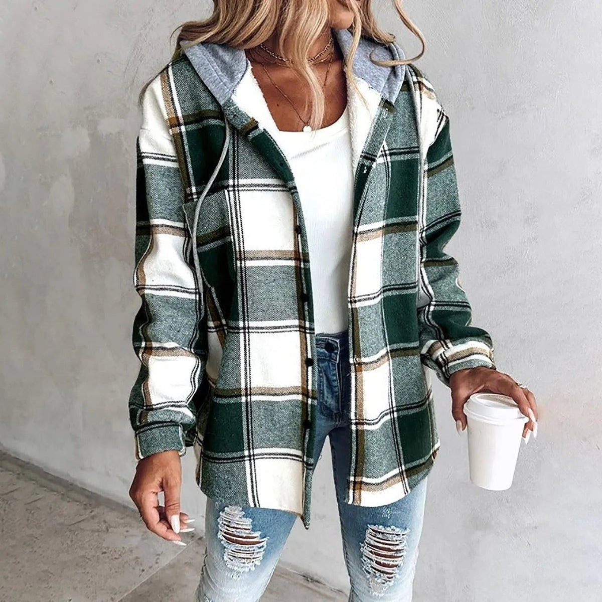 Checked Wool Blend Overshirt Jacket for Women - Green