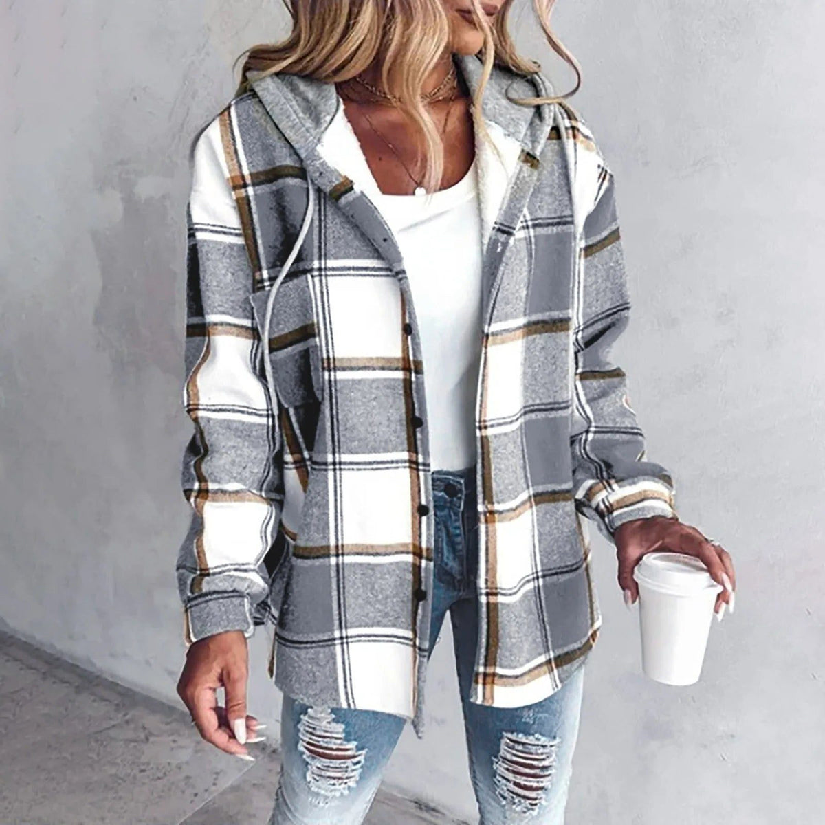 Checked Wool Blend Overshirt Jacket for Women - Grey