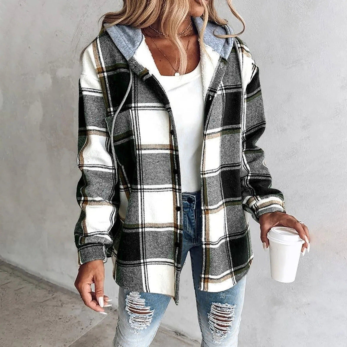 Checked Wool Blend Overshirt Jacket for Women - View 2