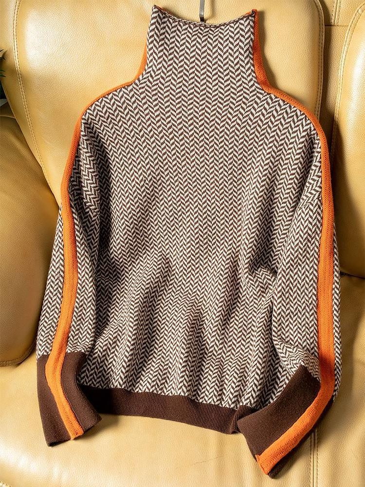Chevron Knit Oversized Sweater with Roll Neck for Women - Orange