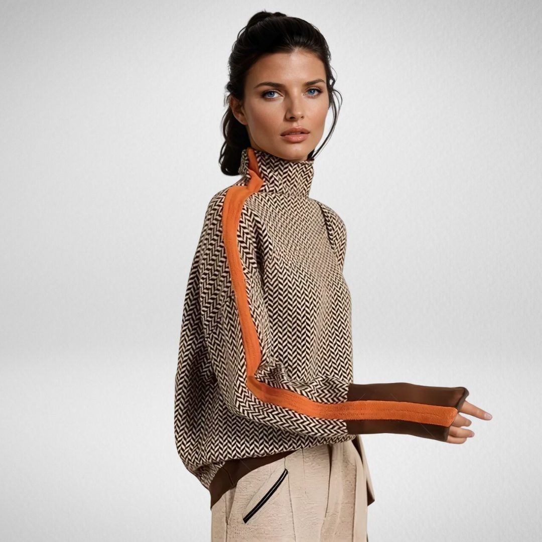 Chevron Knit Oversized Sweater with Roll Neck for Women