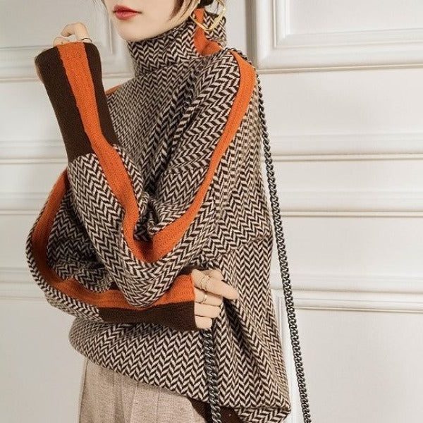 Chevron Knit Oversized Sweater with Roll Neck for Women - View 2