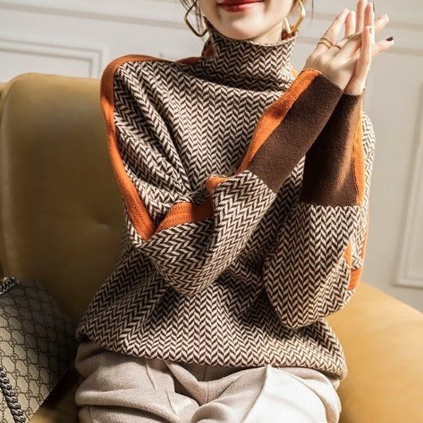 Chevron Knit Oversized Sweater with Roll Neck for Women - View 3