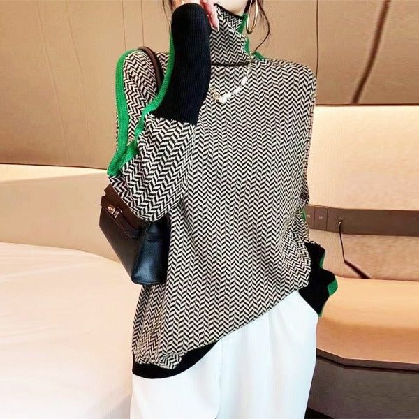 Chevron Knit Oversized Sweater with Roll Neck for Women - View 5