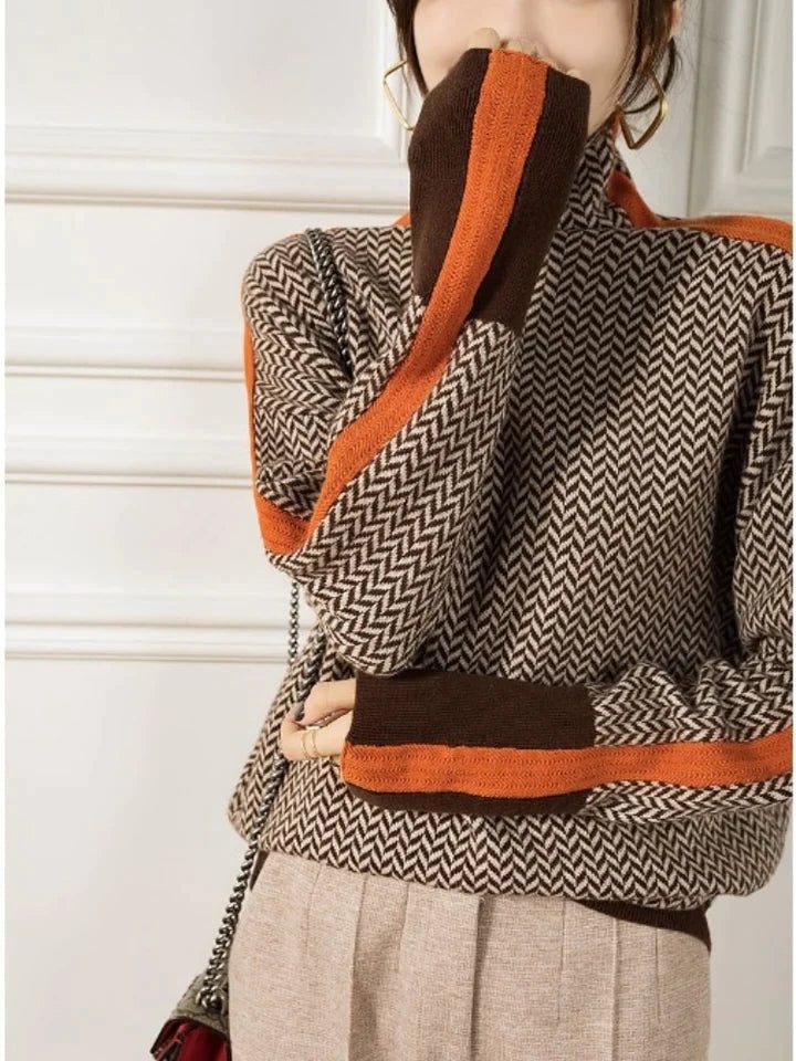 Chevron Knit Roll Neck Sweater for Women
