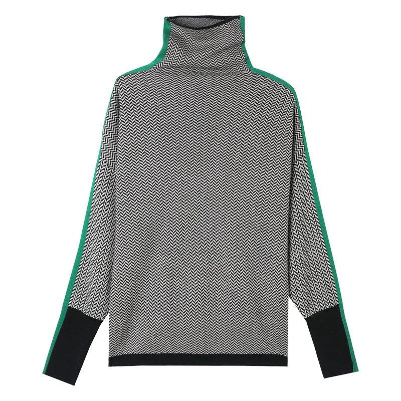 Chevron Knit Roll Neck Sweater for Women - Green
