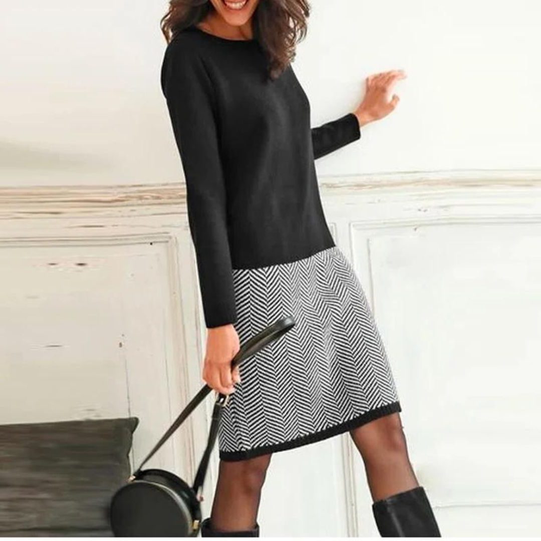 Chevron Patterned Knee-Length Casual Dress for Women - Black