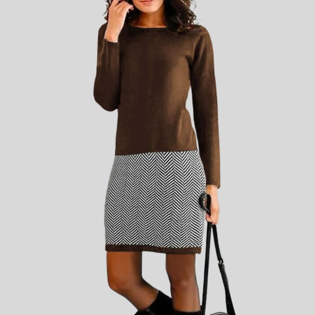 Chevron Patterned Knee-Length Casual Dress for Women - Brown