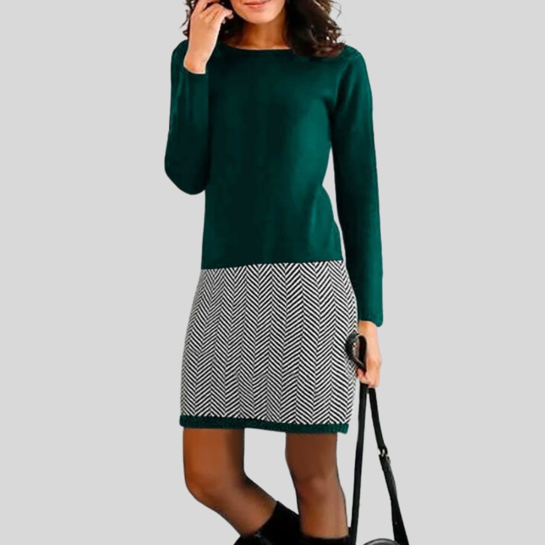 Chevron Patterned Knee-Length Casual Dress for Women - Vegetable