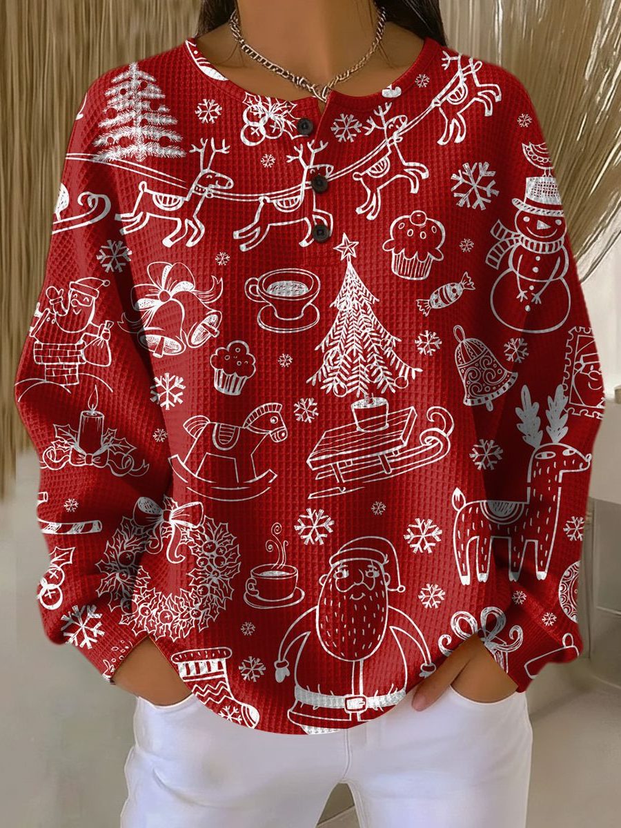 Christmas Print Waffle Knit Sweater with Crew Neck for Women