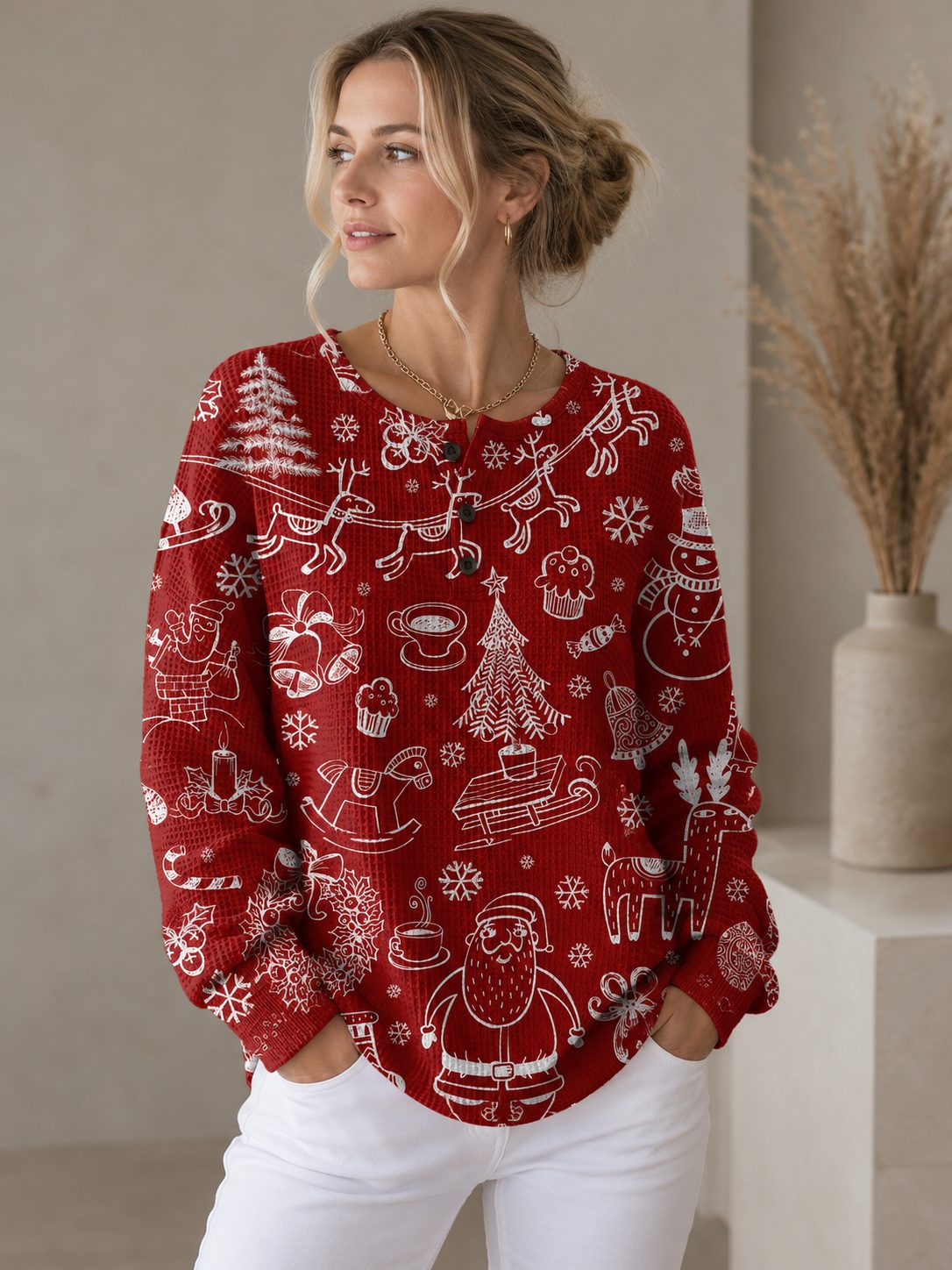 Christmas Print Waffle Knit Sweater with Crew Neck for Women - View 2