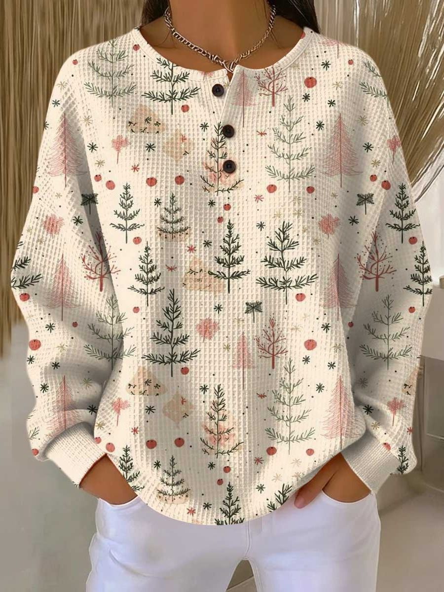 Christmas Tree Print Ribbed Knit Sweater with Button-Down for Women