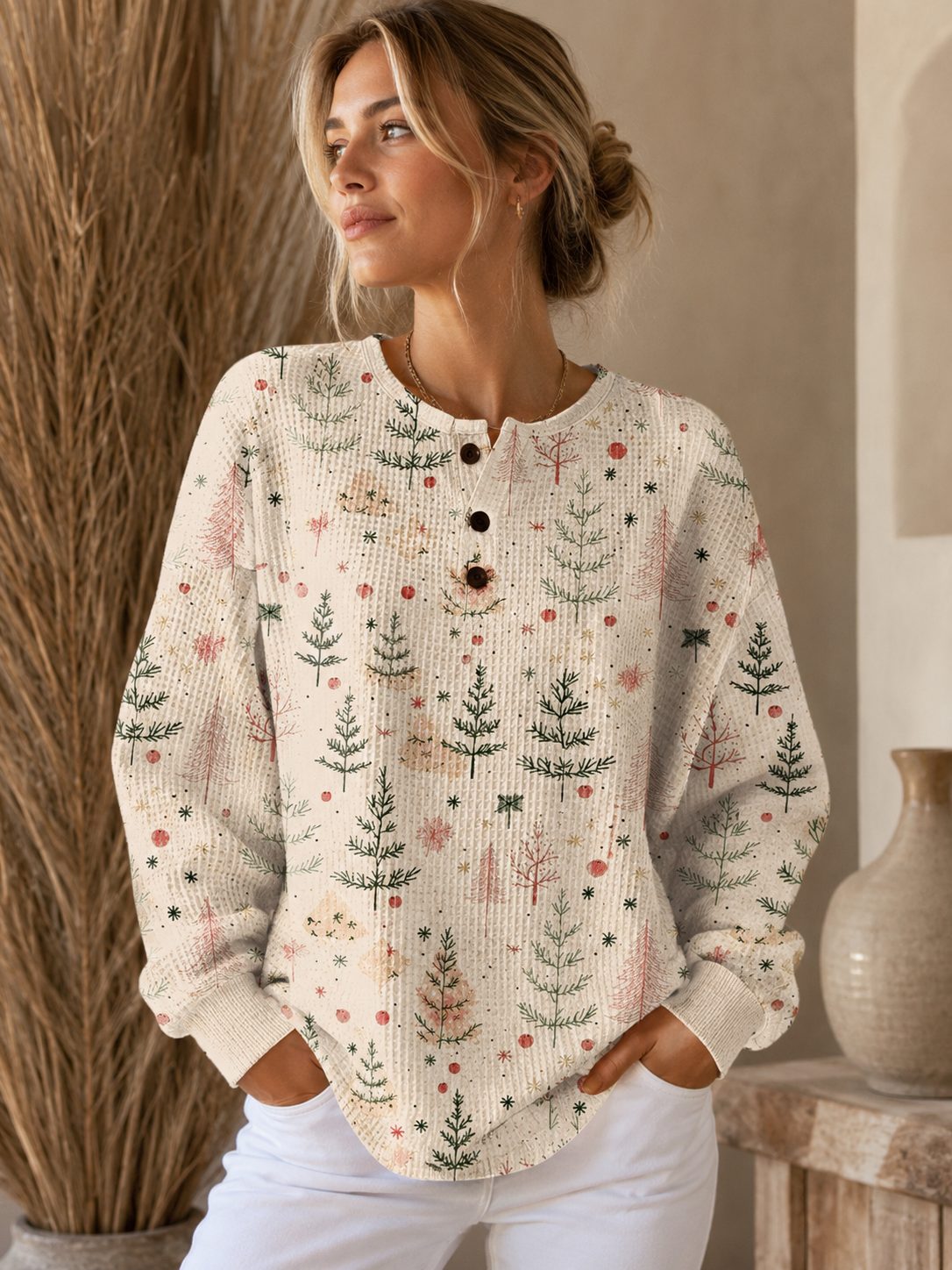 Christmas Tree Print Ribbed Knit Sweater with Button-Down for Women - View 2
