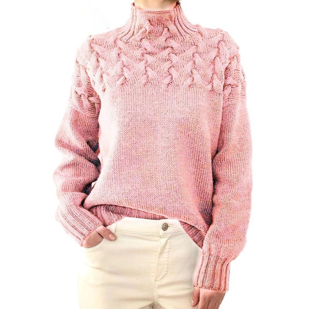 Chunky Cable Knit Roll Neck Oversized Jumper for Women - Pink