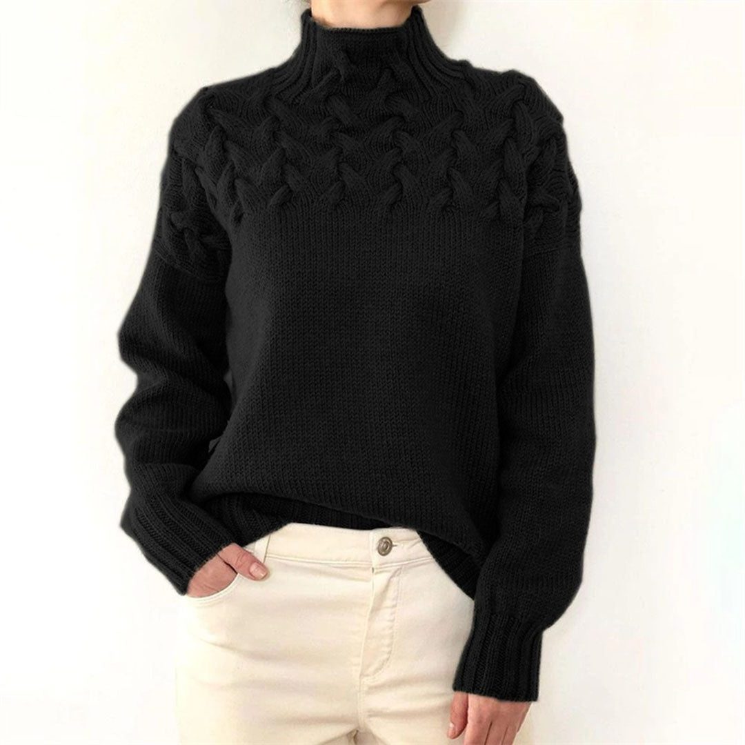 Chunky Cable Knit Roll Neck Oversized Jumper for Women - Black