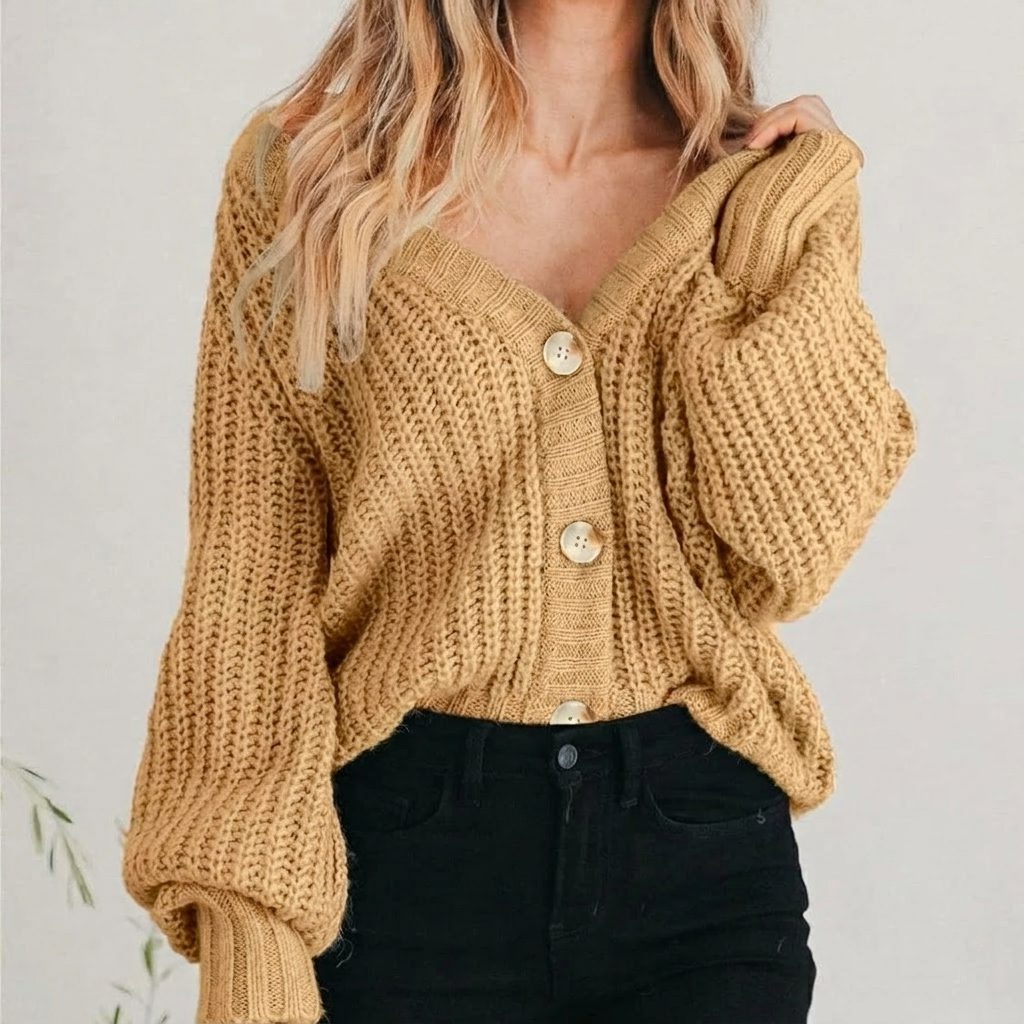 Chunky Knit Oversized Cardigan with Balloon Sleeves for Women