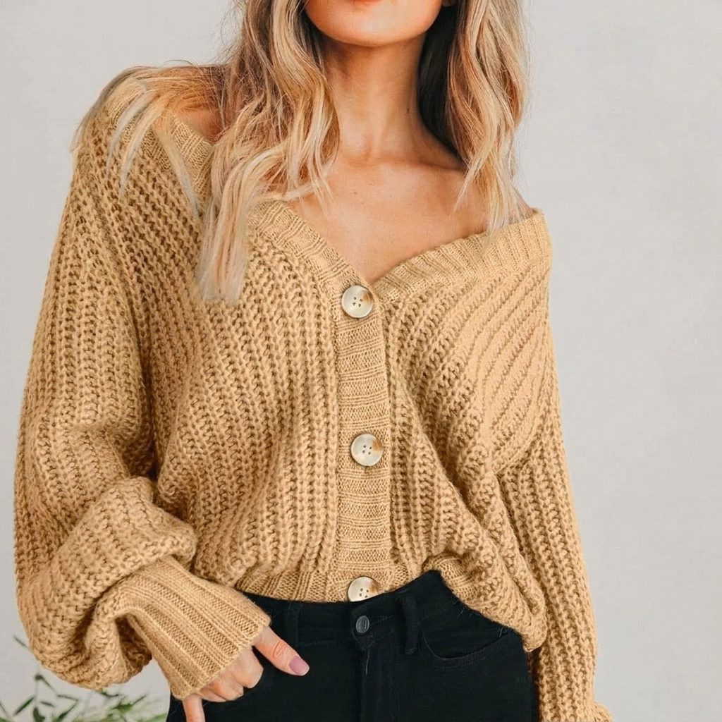 Chunky Knit Oversized Cardigan with Balloon Sleeves for Women - View 2