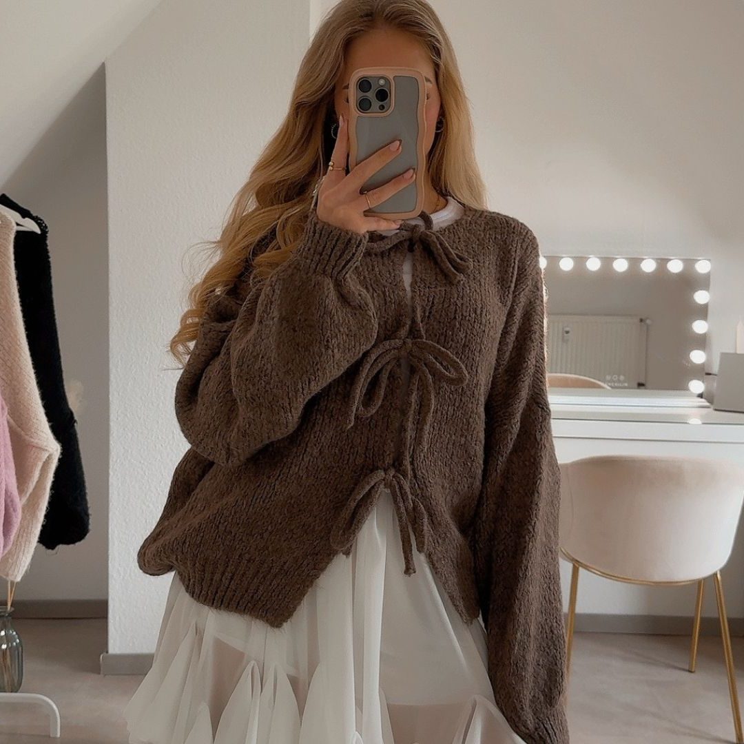 Chunky Knit Oversized Cardigan with Tie Front for Women - View 3