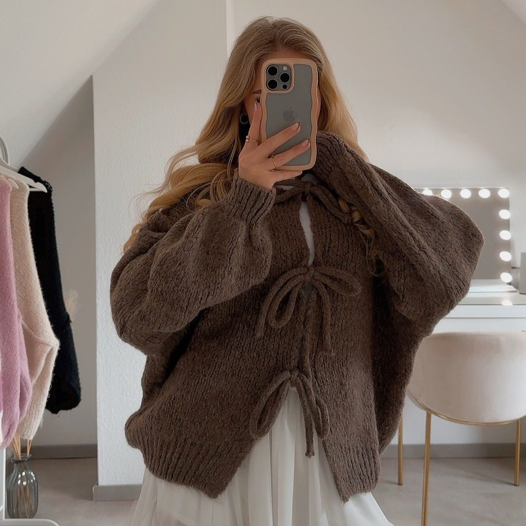 Chunky Knit Oversized Cardigan with Tie Front for Women - Brown