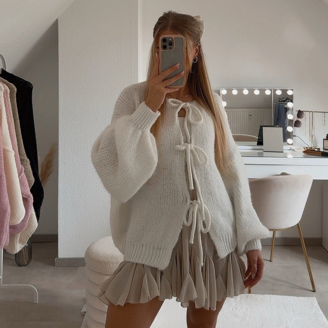 Chunky Knit Oversized Cardigan with Tie Front for Women - White