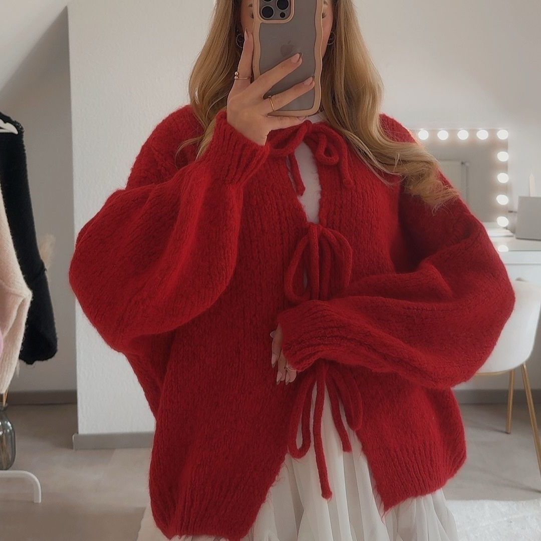 Chunky Knit Oversized Cardigan with Tie Front for Women - Red