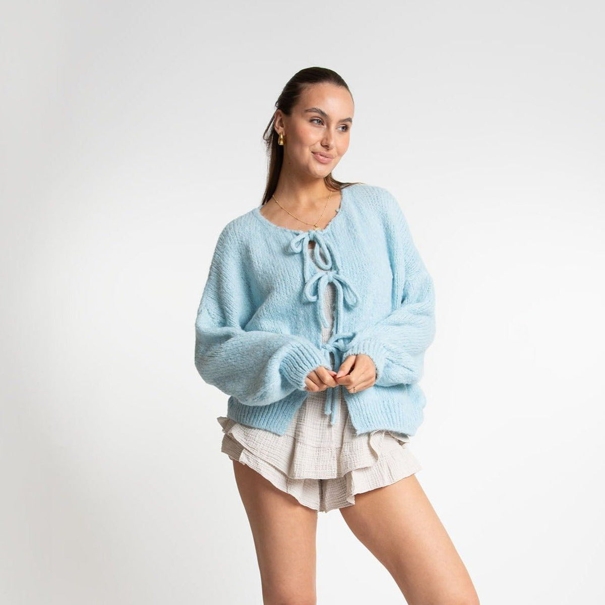 Chunky Knit Oversized Cardigan with Tie Front for Women - Baby Blue