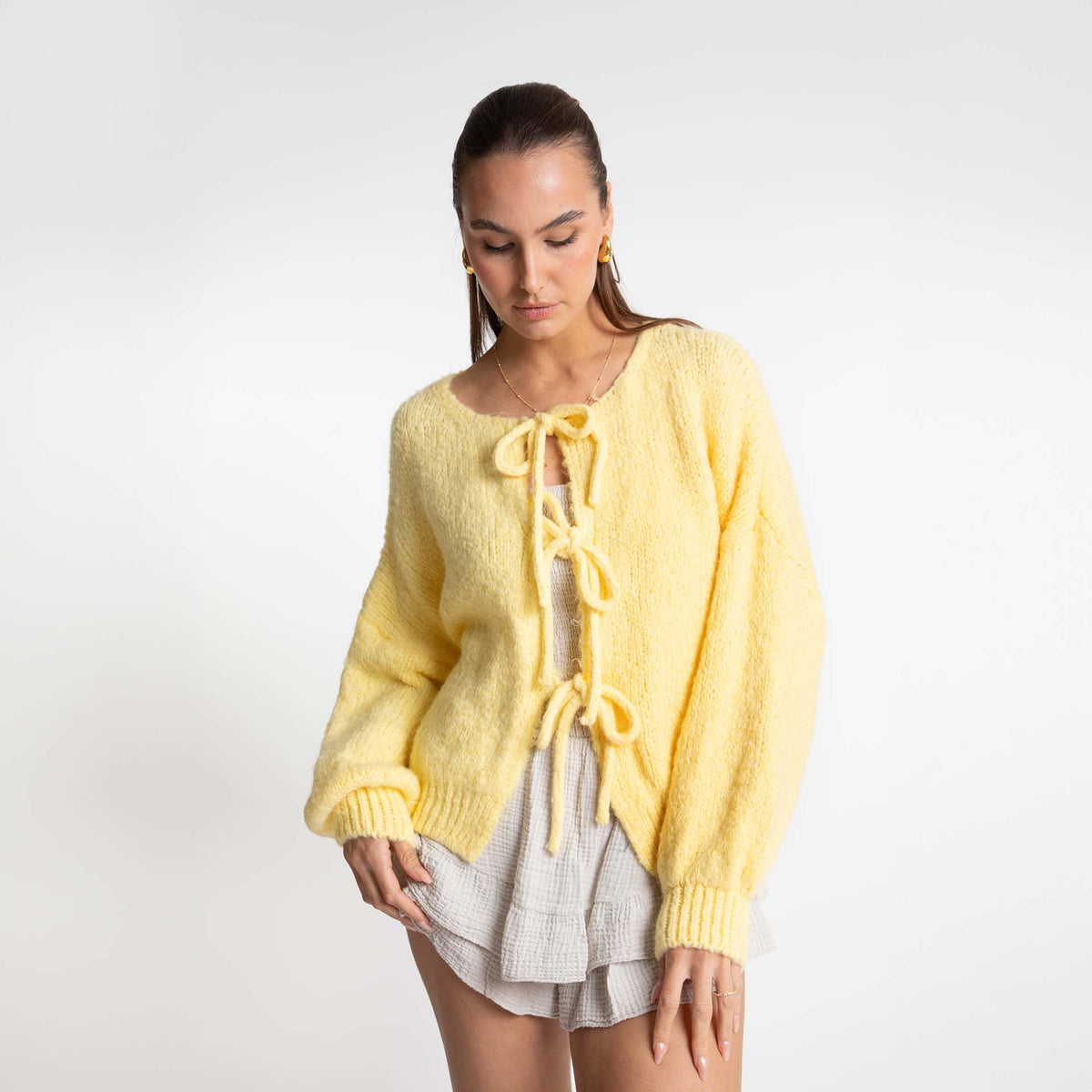 Chunky Knit Oversized Cardigan with Tie Front for Women - Yellow