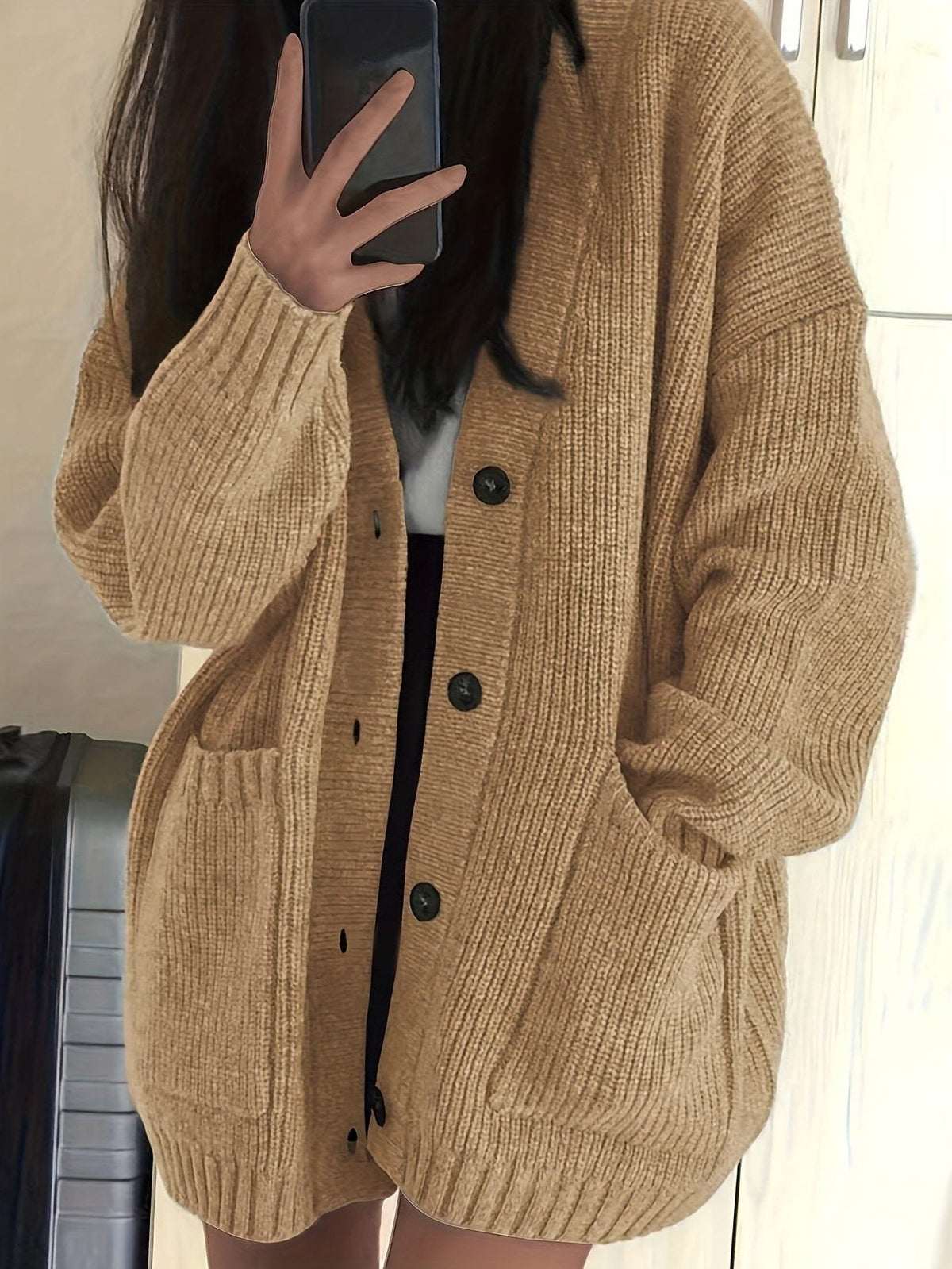 Chunky Knit Oversized Long Cardigan with Button-Front for Women - Coffee Brown