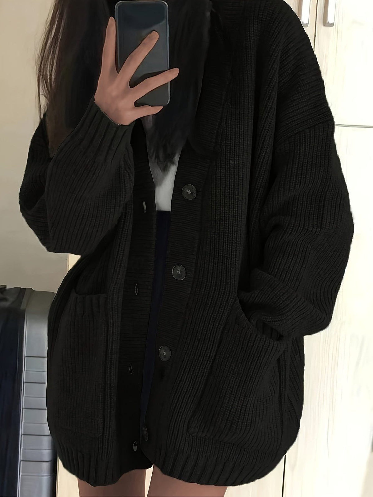 Chunky Knit Oversized Long Cardigan with Button-Front for Women - Black