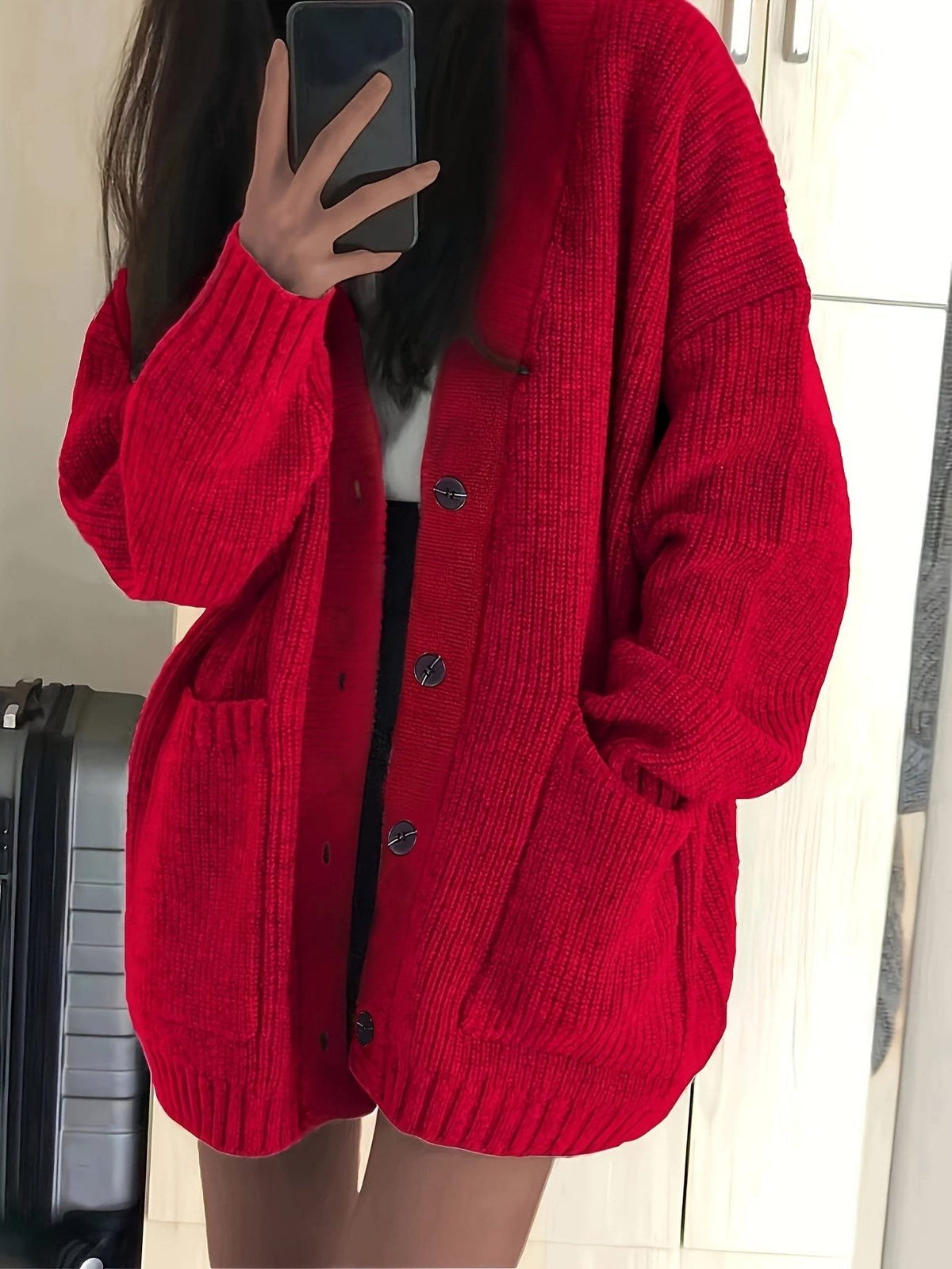 Chunky Knit Oversized Long Cardigan with Button-Front for Women - Red