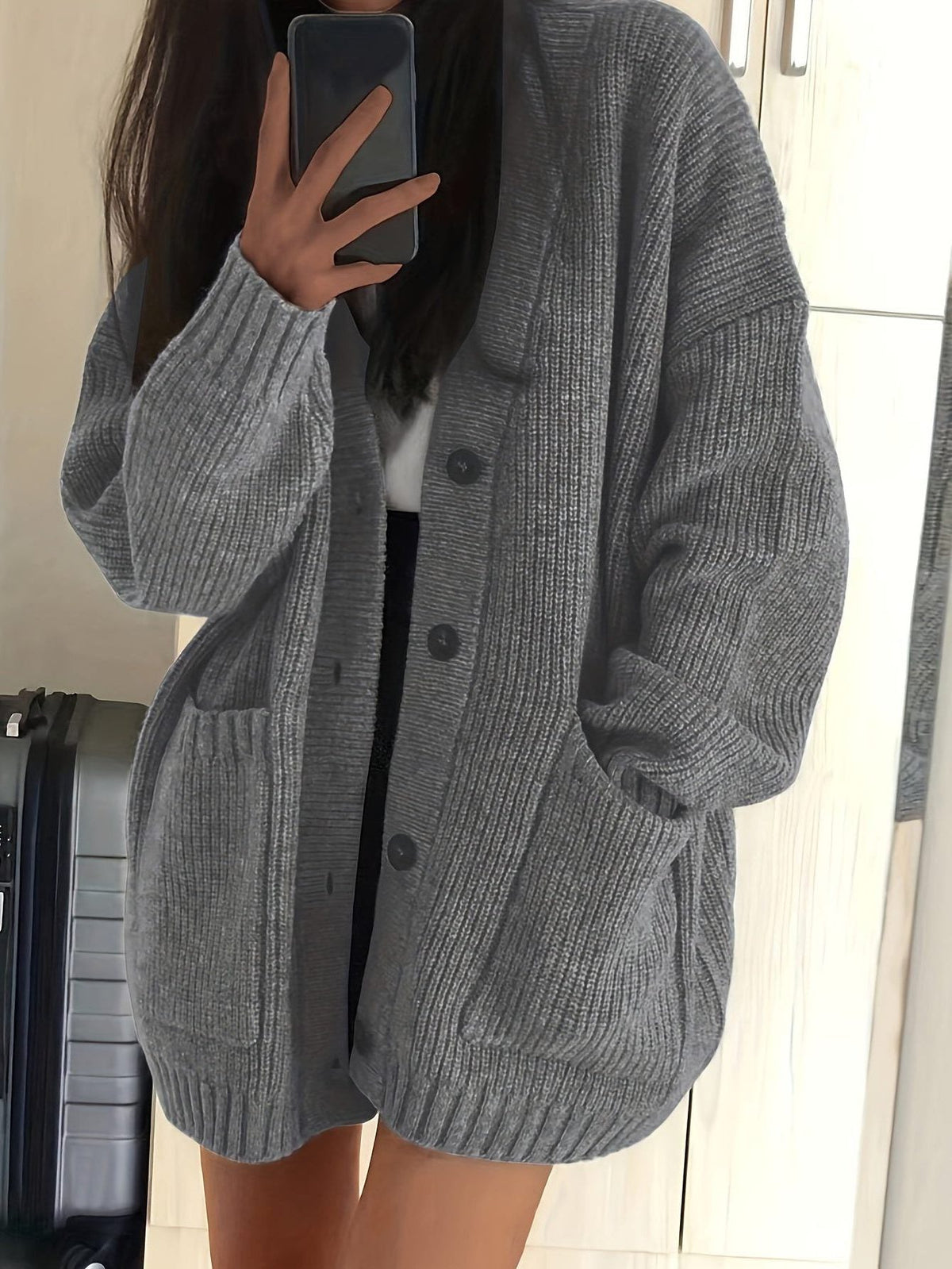 Chunky Knit Oversized Long Cardigan with Button-Front for Women - Grey