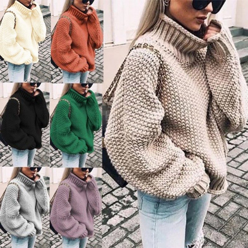 Chunky Knit Sweater with Stand Collar and Voluminous Sleeves for Women