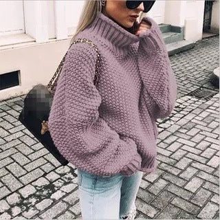 Chunky Knit Sweater with Stand Collar and Voluminous Sleeves for Women